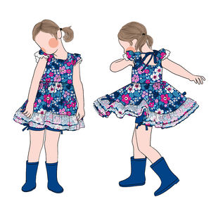 2025 toptan özel yeni dantel yay şort prenses elbise etek çiçek kısa kollu kız fırfır kollu tunik seti - Product Image 5