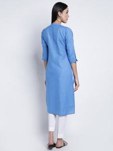 เสื้อคลุมผ้าลินินสีน้ำเงินสไตล์อินเดีย ผ้าลินิน 100% ทอแบบเรียบ ย้อมสีธรรมชาติ เป็นมิตรกับสิ่งแวดล้อม พร้อมขอบเอวตามธรรมชาติ - Product Image 2