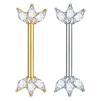 Gaby 14G ASTM F136 Piercings de pezón de titanio sin rosca, Barbell de pezón dorado con 3 circonitas marquise en forma de abanico orientadas hacia adelante, Regalo de boda