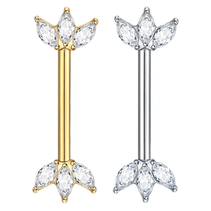Gaby 14G ASTM F136 Piercings de téton sans filetage en titane, Barbell doré pour téton avec <span class=keywords><strong>3</strong></span> CZ Marquise en éventail orienté vers l'avant, Cadeau de mariage - Product Image 1