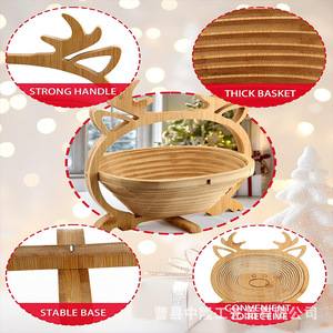 Wooden Reindeer Fruit <b>Basket</b> Round <b>Foldable</b> Natural Wood Color Kitchen Food Storage Bowl Standing Type - Product Image 2