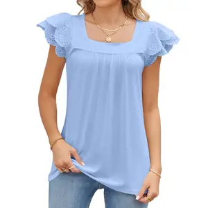 Fashion Women'S T-Shirt 2024 New Summer Solid Lace T-Shirt Spliced Square Neck Petal Short Sleeve T-Shirt Top