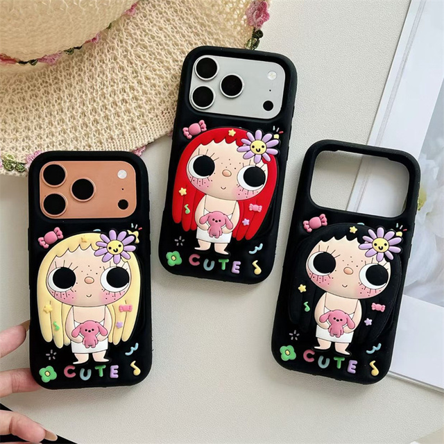 Cute Girls Flower Rotate holder Silicone Phone case for iPhone 17 16 15 14 13 Pro Max YuY Rubber stand Telescopic back Cover new