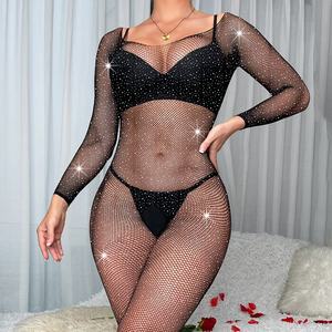 Collants résille à strass pour femmes, sexy, scintillants, chaussettes résille, sans entrejambe, body transparent mature, <span class=keywords><strong>lingerie</strong></span> dos nu - Product Image 5