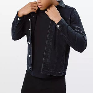 Chaqueta vaquera con cuello vuelto informal, ropa de calle de color sólido negro rasgado a la moda personalizada - Product Image 3