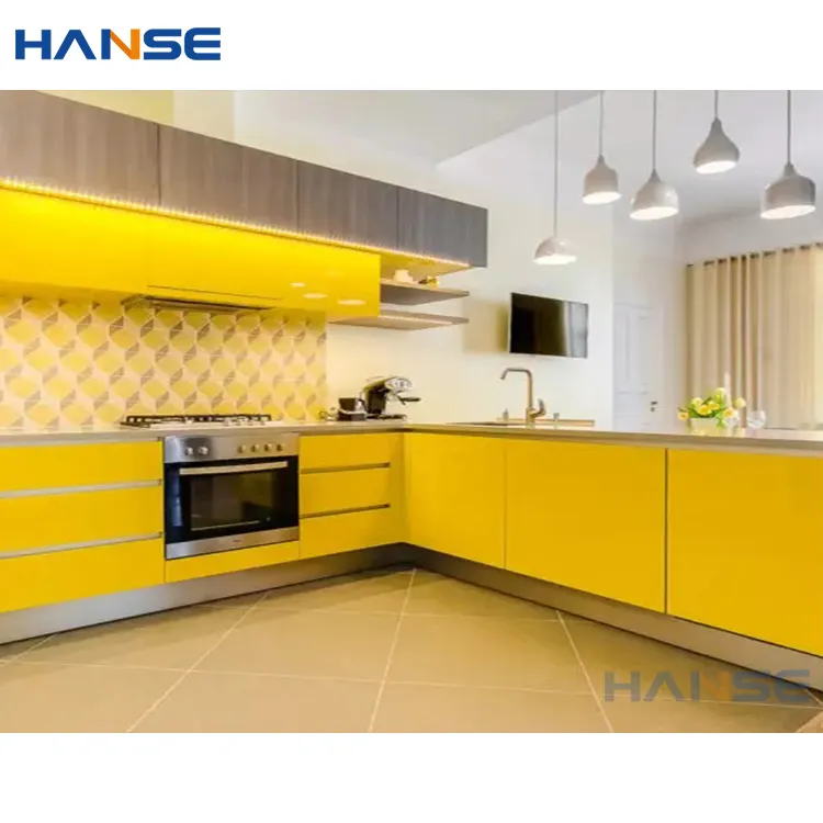 Customized small glossy kitchen cabinets designs modern high gloss yellow lacquer kitchen cabinet for home project
