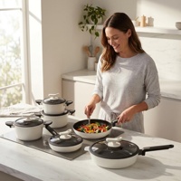 Ensemble de casseroles et poêles élégant et moderne en aluminium blanc, 7 pièces, couvercles en verre, compatible induction/gaz, revêtement céramique antiadhésif, moulé sous pression