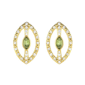 Boucles d'oreilles clous en laiton plaqué or avec péridot et zircon cubique pavé, forme marquise, pour soirée - Product Image 1