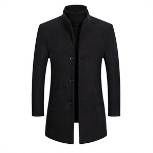 Manteau long d'hiver pour homme, col mandarin, simple boutonnage, en mélange de laine enduite, coupe ajustée, infroissable - Product Image 4