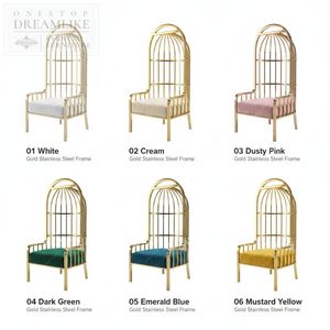 Chaise d'événement élégante à dossier haut en forme de cage à oiseaux en acier inoxydable doré avec coussin bleu pour mariage, banquet, location de mobilier, directement de l'usine - Product Image 3
