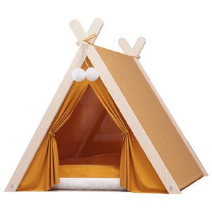 Tienda de campaña tipi para mascotas Petop de nailon y polialgodón con cojín suave, decoración de pompones, plegable, casa para perros y gatos para interiores, para todas las estaciones, color rosa, en caja. - Product Image 4