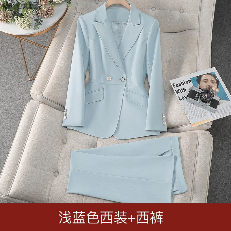 Light blue suit with slightly flared trousers