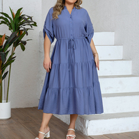 Nouvelle Robe Chemise Tissée Unie Grande Taille pour Femme, Col en V, Manches Mi-longues, Boutons, Cordon de Serrage, Jupe Évasée, Élégante et Simple