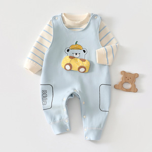 Ensemble barboteuse rayée et salopette pour bébé garçon, tenue d'automne 2 pièces respirante pour tout-petits - Product Image 1