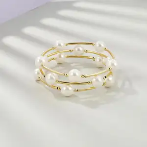 Pulseira elegante de pérolas em ouro 18K verdadeiro 10mm cristal branco pérola bênção