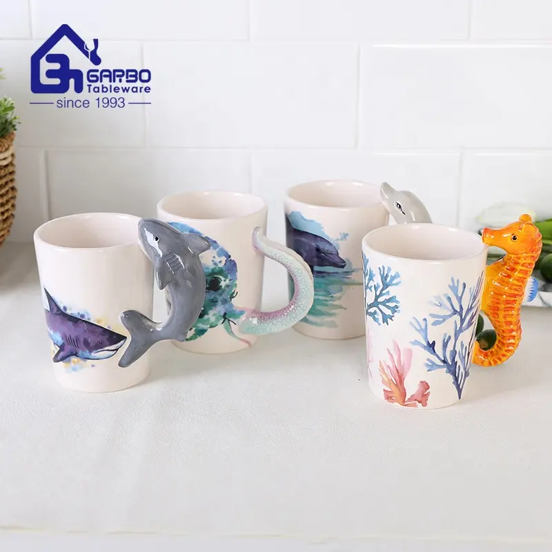 Werbe kreative Hand malerei Ozeane Hippocampus Tier 3D Keramik Milch becher mit stereo skop ischen Spezial griff Dolomit Becher
