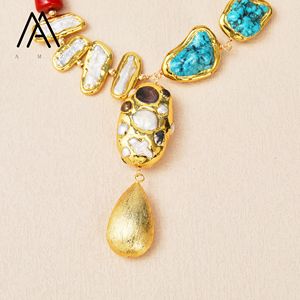 <span class=keywords><strong>Collana</strong></span> <span class=keywords><strong>di</strong></span> Perle Naturali, <span class=keywords><strong>Corallo</strong></span> Rosso e Turchese Blu con Perline, Unisex, Placcata Oro con Rame, Stile Trendy, Gioiello Popolare per Feste - Product Image 3