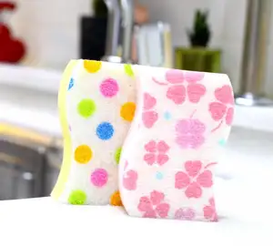 Nouveau design SSG-9 éponge de cuisine à pois de luxe à motif de fleur avec tampons à récurer