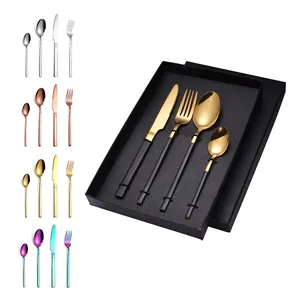 Luxury Elegant Silverware 4 Pcs Vajilla Stainless Steel Fork Knife Spoon Wedding Flatware Black Gold Cutlery Set