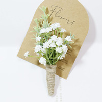 Boutonnière artificielle en gypsophile avec cordon de chanvre, fleur rustique blanche pour décoration de mariage et de fête, vente en gros