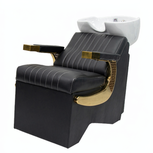 Sillón de Lujo para Lavado de Cabello, Cama de Salón de Belleza, Estación de Lavado de Cabello en Cuero PU Negro y Dorado, Mobiliario para Salón de Belleza - Product Image 3