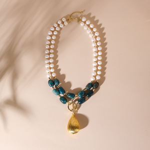 Fashion Blue Apatite Natural Freshwater <strong>Pearl</strong> Double <strong>Pendant</strong> Beaded 18K Gold Plated Women's AAAAA Grade <strong>Necklace</strong> Jewelry for - Product Image 1