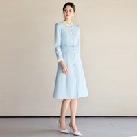 Robe trapèze professionnelle pour femme, style français, bleue, col rond, manches longues, en polyester, grande taille, avec logo frontal, ODM OEM