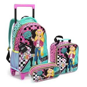 Factory custom Cartoon travel kids trolley luggage schoolbag set wheeled children school bags with lunch bag