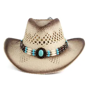 FF1196 Ethnic Wide Brim Straw Beach Cap Panama Floppy Sun Hat Handmade Western Straw Cowboy Cowgirl Hat for Women