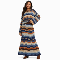 Ensemble de luxe pour femme en tricot, pull à manches cloche et jupe longue à rayures ondulées, style bohème ample brodé, tenue haut de gamme, vente en gros personnalisée