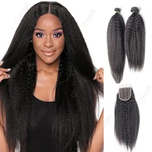 GS Venta al por mayor Kinky Straight Hair 3 Bundles Tejido de cabello humano, Yaki Hair Bundles con cierre, 100 sin procesar Africa American Hair