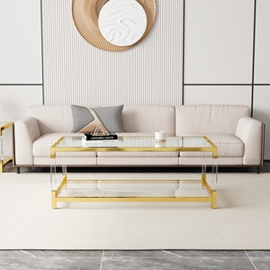 Modern Acrylic <b>Leg</b> <b>Coffee</b> <b>Table</b> Double Layer Tempered Glass Top Golden Metal Frame 47.2x23.6x17.7 Inch Living Room - Product Image 1