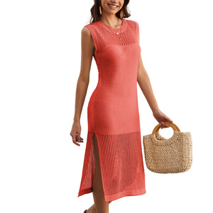 Robe en tricot pour femmes, col rond, sans manches, couleur unie, longueur mi-longue, fendue, respirante, pour le tourisme et les loisirs - Product Image 2