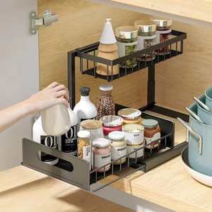 Meuble de rangement multifonctionnel à 2 niveaux blanc et noir, gain de place, avec tiroirs coulissants sous l'évier pour <span class=keywords><strong>cuisine</strong></span> - Product Image 4