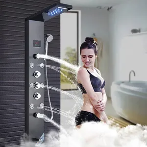 Brushed Nickle ORB Bathroom Luxury Rain Waterfall Mixer Shower Shower Panel LED Light Massage Jet Brass Tub Spout Shower Column