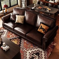 Canapé d'angle en cuir véritable style rétro américain, 3 places, avec accoudoirs rivetés et capitonnés, en forme de L, pour hôtel, villa, salon