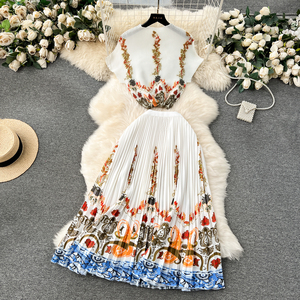 Ensemble de 2 pièces pour femmes, t-shirt à manches courtes imprimé plissé, jupe longue plissée mi-corps, tendance - Product Image 2