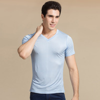T-shirt décontracté pour homme en 25% soie de mûrier et 75% viscose, col en V, frais, doux et fin