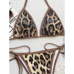 FOXA Women's Cheetah Sequin <b>Bikini</b> Set Triangle Halter <b>String</b> Swimwear 2 Piece Stretch Leopard Print - Product Image 5