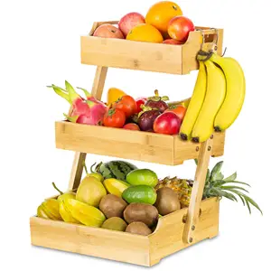 Large Capacity Bamboo 3 Tiers Fruit Bowl Kitchen Storage Wooden Rack For Bread, Vegetables, Produce, Kitchen Storage