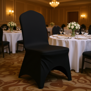 Fundas de Silla de Poliéster y Spandex Negras al por Mayor, Paquete de 50, Ligeras, con Frente Arqueado, para Bodas, Banquetes y Comedores - Product Image 2