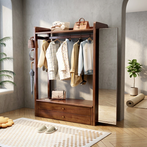 Porte-manteau moderne en bois massif avec crochets et étagères, meuble de rangement multifonctionnel autoportant pour chambre et salon - Product Image 3