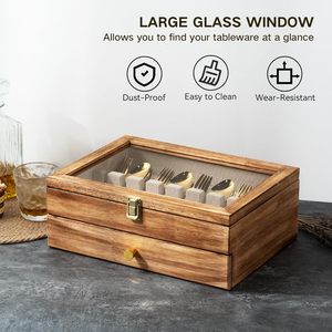 Boîte à couverts personnalisée en bois à 2 niveaux avec couvercle en verre, boîte de rangement pour couverts fins - Product Image 3