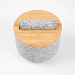 Neues Design Grauer Granit Knoblauch Mörser und Stößel Set Küchen zubehör Kräuter & Gewürz Werkzeuge mit Bambus bezug