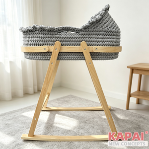 <strong>Grey</strong> Hand Woven Baby Bassinet <strong>Moses</strong> <strong>Basket</strong>, Rockable Wooden Stand, Portable Newborn Sleeping Cradle - Product Image 6