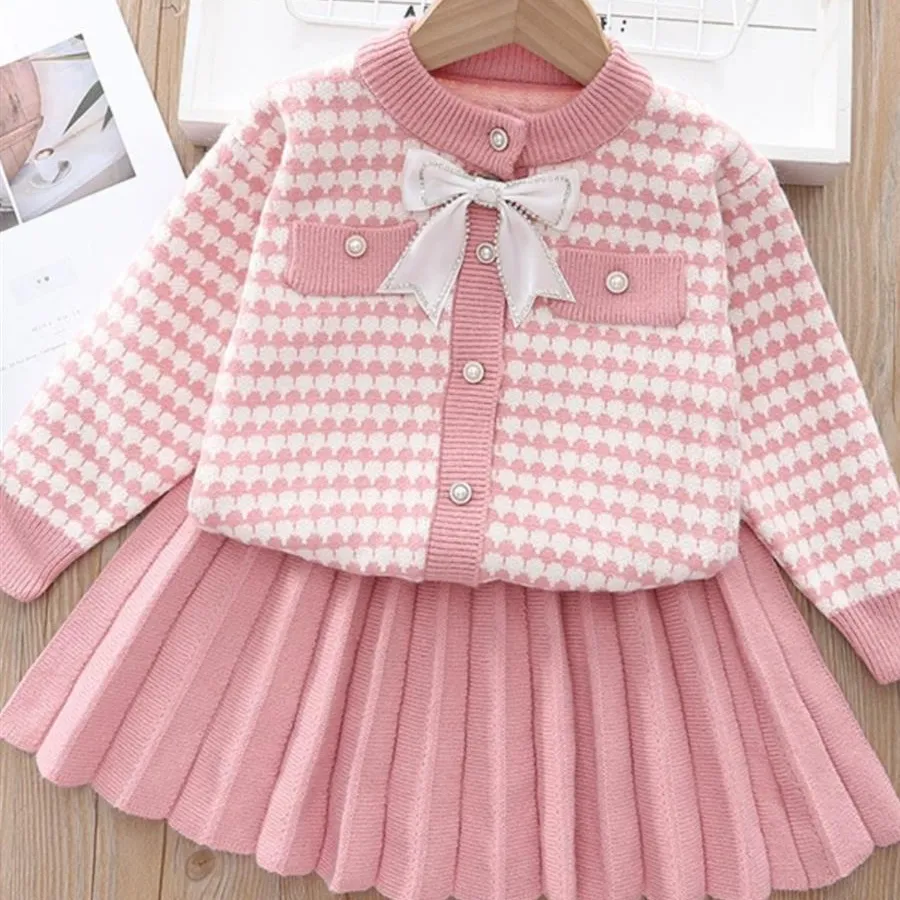 Girls Stwear+skirt Sets Children's Dress Baby Long Sleeved Tops Knitted Skirt 2pcs Winter Girls Princess Clothes 2-6y