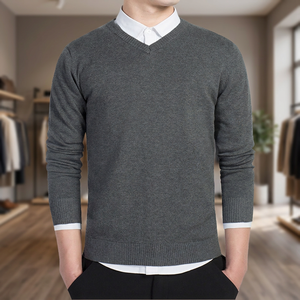 Pull en tricot à col en V pour homme, couleur unie, manches longues, coupe classique, manches longues, matière acrylique - Product Image 3