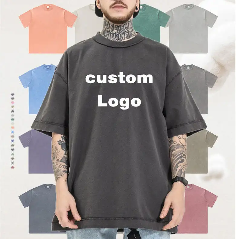 Camiseta masculina de algodão grande com logotipo personalizado, camiseta vintage de algodão com estampa gráfica lisa de alta qualidade, lavagem com ácido pesado