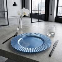 Assiette de présentation ronde en verre cannelé bleu soleil de 13 pouces, assiette gaufrée pour la décoration de table à la maison, dans les hôtels, lors de mariages et de banquets