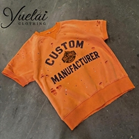T-shirt à manches courtes en coton 100% avec logo personnalisé, effet vieilli, délavé à l'acide, style streetwear, col rond, déchiré, décontracté